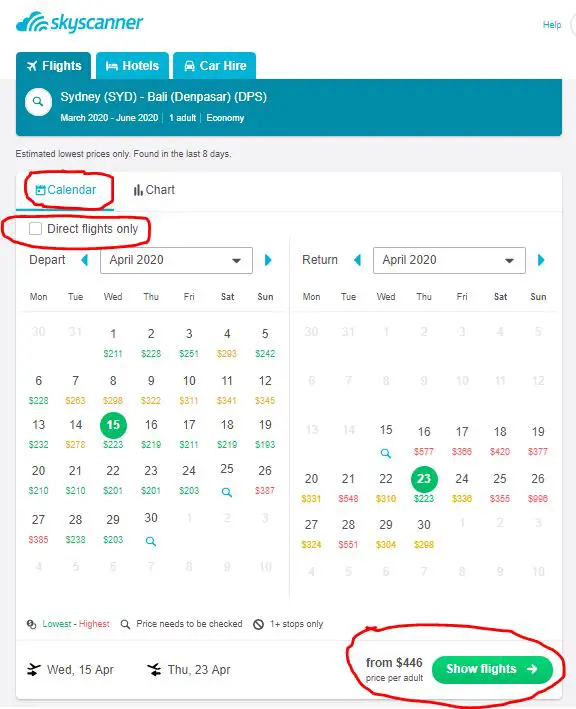 Skyscanner calendar view