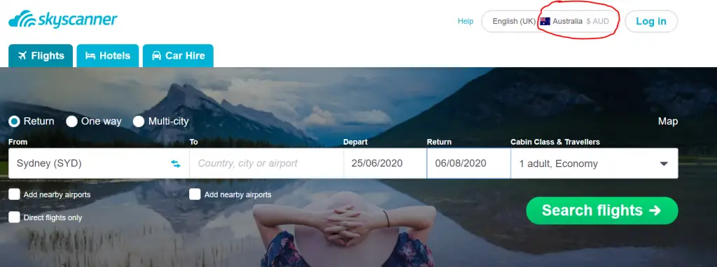 Skyscanner picture of search bar