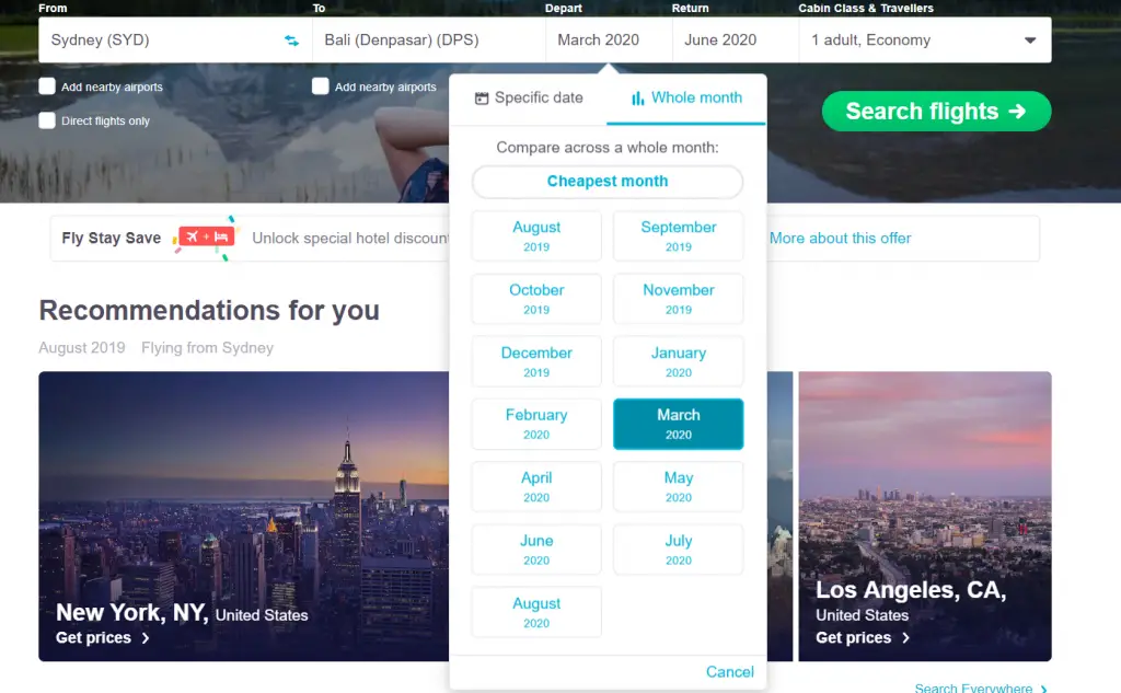 Skyscanner month by month search bar